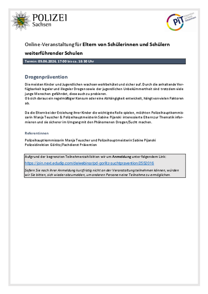 Online-Elternabend „Drogenprävention“ der PD Görlitz